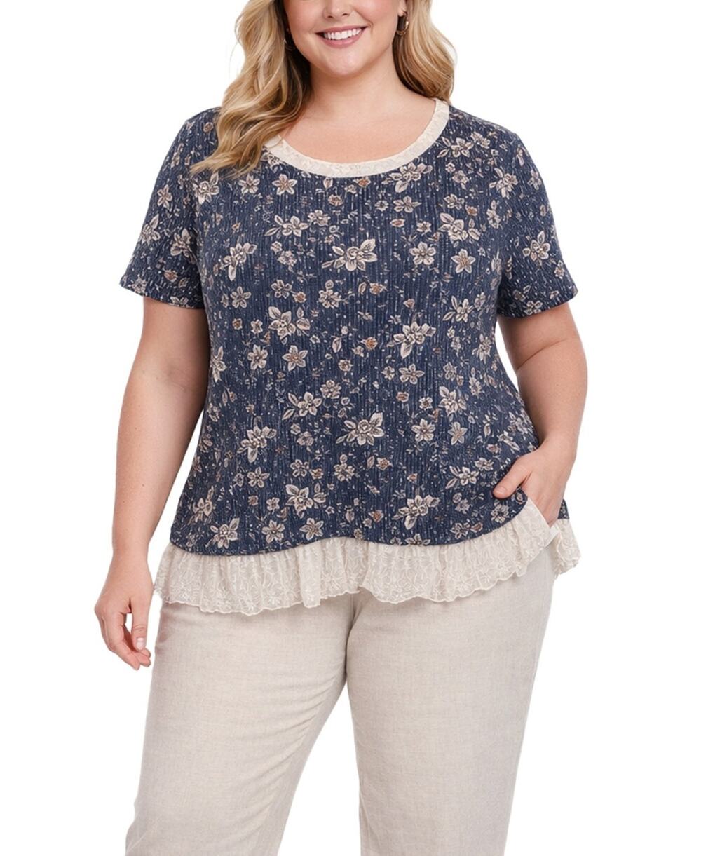 COIN 1804 Plus Size Boho Floral Rib and Lace Pleat Back Top Size 3X 3939